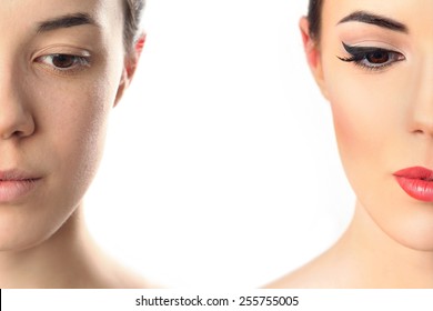 Woman's Face Before And After Makeup