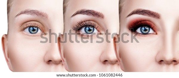 Woman\'s\
face close-up before and after bright\
makeup.