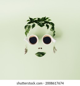 Woman's face shape made with leaves, flowers, coffee cups like g - Powered by Shutterstock