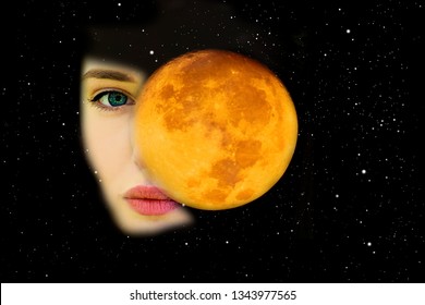 Woman's Face, Space And Full Moon