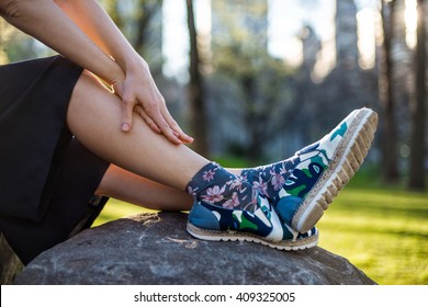 Woman`s Fashionable Casual Summer Outfit With Black Skirt, Shoes And Socks