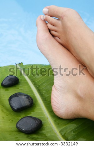 Woman's feet by blue pool with pebbles and tropical leaf