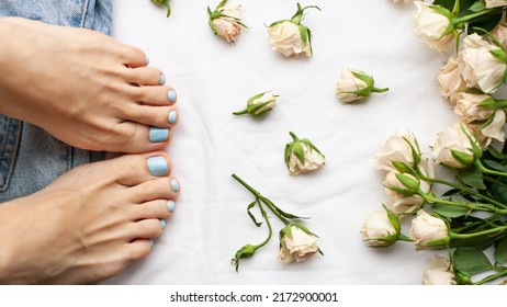 Womans Feet, Jeans And Roses On A White Background. Blue Nail Polish Pedicure. Pedicure Beauty Salon Concept.