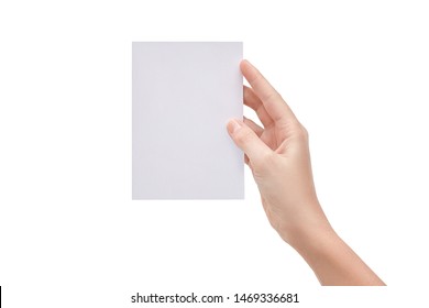 Woman's (female) Hand Holding An Empty Vertical Card (blank, Paper, Postcard) Isolated On The White Background