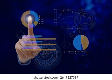 A woman's finger touches a virtual screen with stock market dynamics, a colorful forex hologram with binary and candlesticks. Concept of online trading.