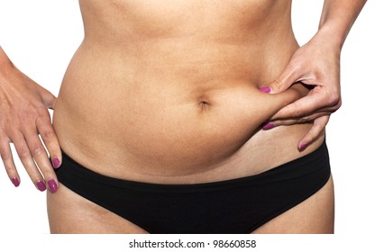 Woman's fingers  measuring  her belly fat