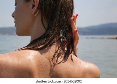 Woman's Hair On The Beach. Wet Hair Close Up Image. Hair Damage Due To Salty Ocean Water And Sun, Summertime Hair Care Concept.	