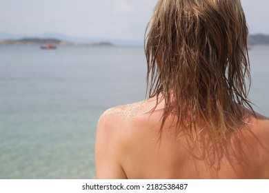 Woman's Hair On The Beach. Wet Hair Close Up Image. Hair Damage Due To Salty Ocean Water And Sun, Summertime Hair Care Concept.