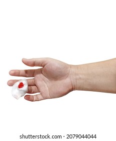 A Woman's Hand With A Bloody Cotton Swab Represents An Accidental Injury On A White Background