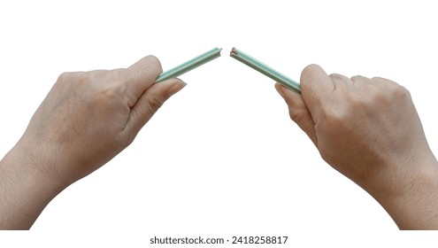 A woman's hand breaking a pencil isolated on white background - Powered by Shutterstock