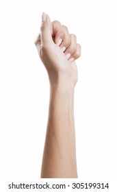 Woman's hand clenched into a fist with beautiful manicured fingernails, background white, isolated