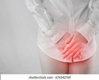 Woman's Hand Closed The Body Part, The Concept Of Women's Period Cramps
. Front View People.