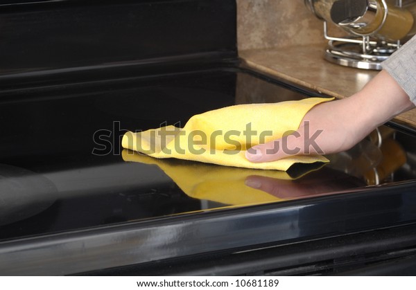 Womans Hand Cloth Cleaning Ceramic Cooktop Objects Interiors