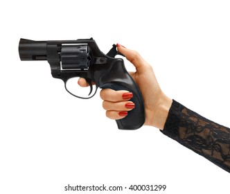 Woman's hand cocking revolver gun / studio photography of woman's hand holding handgun - isolated on white background. Business concept