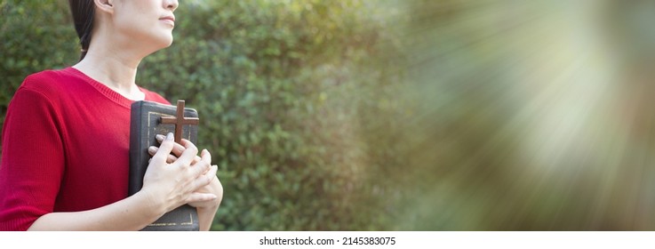 Woman's Hand With Cross .Concept Of Hope, Faith, Christianity, Religion, Church Online.