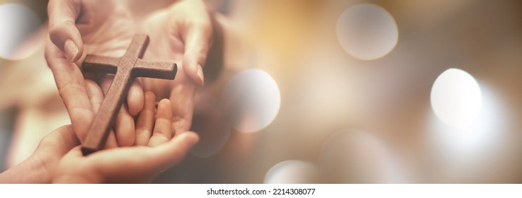 Woman's Hand With Cross .Concept Of Hope, Faith, Christianity, Religion, Church Online.