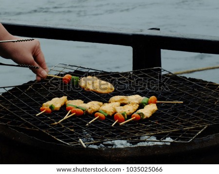 A woman's hand is grilling a barbecue on a grill.