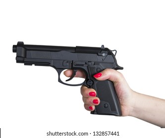 Woman's Hand With A Gun Isolated On White Background