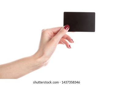 Woman's Hand Holding Blank Black Card. Hand Hold Blank Business Card. 