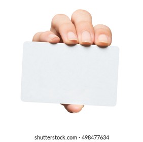 Woman's Hand Holding Blank Credit Card On White