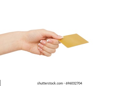 Woman's Hand Holding Blank Plastic Credit Card Isolated On White Background, Close-up, Cutout, Side View