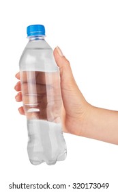 Woman's Hand Is Holding A Bottle Of Water Isolated On White Background 