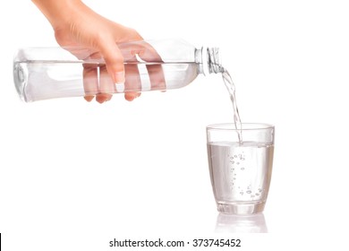 Woman's hand holding a bottle of water Pouring water into a glass - Shutterstock ID 373745452