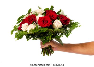 A Womans Hand Is Holding A Bouquet Of Flowers Isolated On White Background