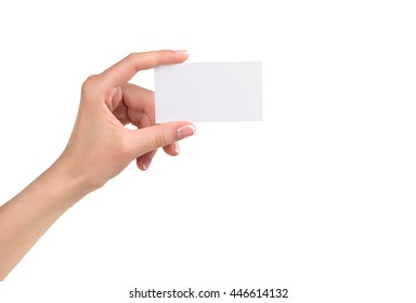 Woman's Hand Holding Card, Isolated On White