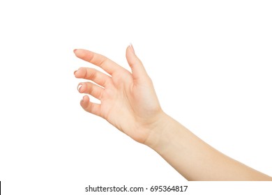 Woman's hand holding card, phone or other, close-up, cutout, isolated on white background. - Shutterstock ID 695364817