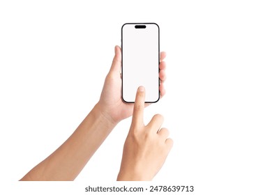 Woman's hand holding a cell phone, one hand showing on a white background