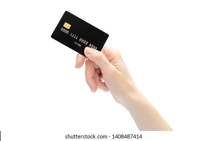 Woman's hand holding credit card. Isolated on white. - Shutterstock ID 1408487414