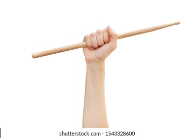 Woman's Hand Holding Drum Stick Isolated On White Background.