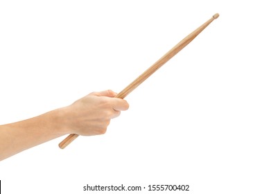 Woman's Hand Holding Drum Stick Isolated On White Background.