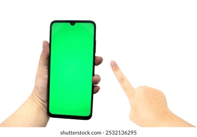 a woman's hand holding a mobile phone with a green screen and a hand pointing with an index finger, isolated on a white background. - Powered by Shutterstock