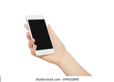 Woman's Hand Holding Mobile Phone Isolated On White Background, Close-up, Cutout, Copy Space On The Screen