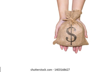 Woman's hand holding the money bag and has a dollar symbol. On a white background, offer or as a basis for saving money on investments or saving money for use in need Or for the future. Money concept. - Shutterstock ID 1403168627
