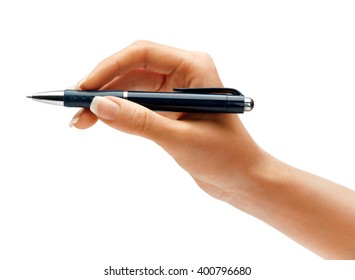 Woman's Hand Holding A Pen Isolated On White Background. Business Concept