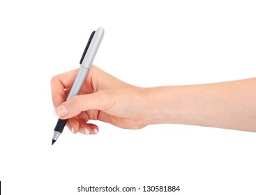 Woman's Hand Holding A Pen On A White White Background