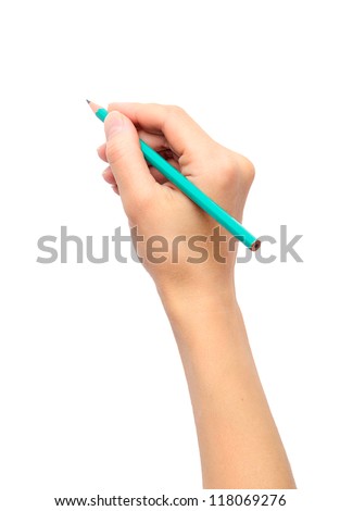 Woman's hand holding a pencil on a white background