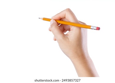 A woman's hand is holding a pencil ready to writing, isolated on white background - Powered by Shutterstock