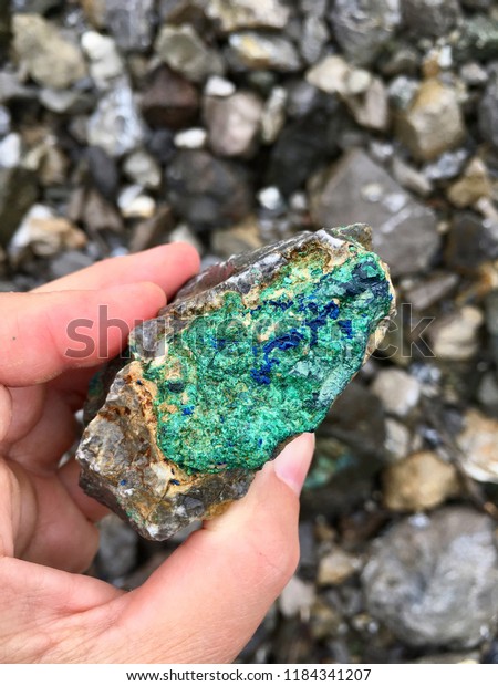 A womans hand holding a rock with brilliant\
Azurite and Malachite copper deposit at the Erie Mine in Wrangell\
St. Elias National Park,\
Alaska.