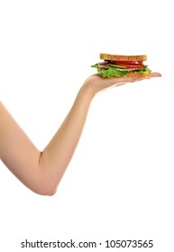 Woman's Hand Holding A Sandwich, Isolated On White