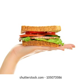 Woman's Hand Holding A Sandwich, Isolated On White