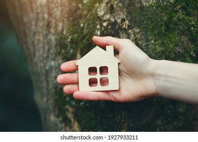 Woman's Hand Holding Small Wooden House Against Nature Spring Tree, Safe, Sweet And Ecological Home Concept