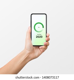 Woman's hand holding smartphone with 2020 number loading on screen on white background. 2020 coming soon concept - Powered by Shutterstock - Get 15% off with code: PIKWIZARD15