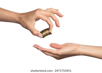 A woman's hand holds coins between her fingers and gives them to a man. The girl's hand is open, palm up, to take the money. Gesture isolated on white background. Business, help, charity concept - Powered by Shutterstock