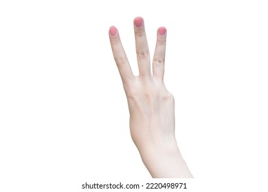 A Woman's Hand Holds Up A Number 3 Fingers On A White Background.