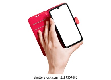 The Woman's Hand Holds A Phone In A Red Leather Mobile Phone Book Case On A White Isolated Background. Book-case. Copy Space. Mockup. Mock Up. Open. Purse. Card. Isolated. Blank. Touch. Talk. Object