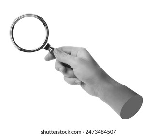 Woman's hand with magnifying glass on white background. Black and white effect - Powered by Shutterstock